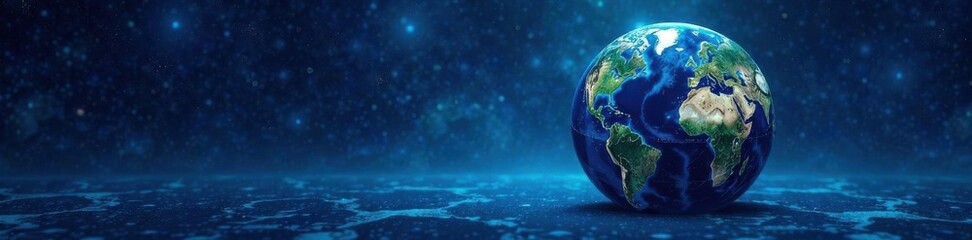 Naklejka premium A globe floating in a deep blue ocean on a dark blue marble background, space, satellite, ocean