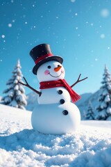 Fototapeta premium A happy snowman standing on a snowy hill with a clear blue sky, scenic, snowman, frost