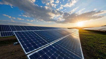 Dramatic sunset over an expansive solar energy farm with rows of renewable photovoltaic panels harnessing clean electricity from the sun s natural power