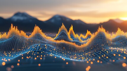 Abstract data visualization, glowing orange peaks on a dark blue grid against a mountain sunset backdrop.