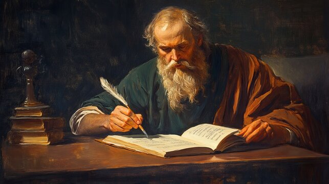 Apostle Paul writing in parchment scroll inspired by the Holy Spirit.