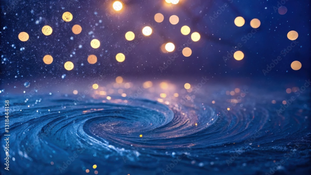 Poster abstract blue swirling texture with defocused lights and falling dust particles