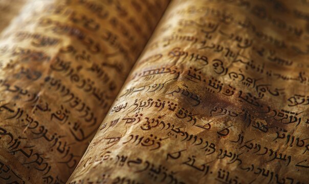 Close-up of an ancient scroll with flowing script and symbols written in the style of hebrew.
