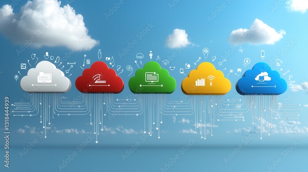 Poster high tech 3d visualization of a multi cloud computing data systems and services solution for innovat