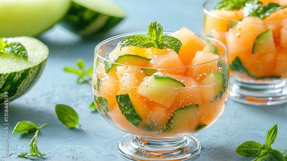 Poster refreshing fruit salad with melon and cucumber in clear bowls