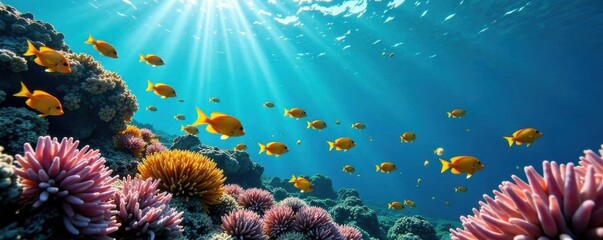 Naklejka premium A school of colorful fish swimming in the coral reef, fish, ocean, tropical