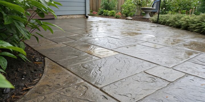 A close-up view of a wet, patterned concrete patio, showcasing the intricate details of the stamped design, with the soft, diffused light reflecting off the water droplets.