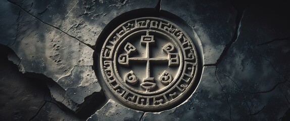 Ancient symbols carved onto stone surface with dark textured background.