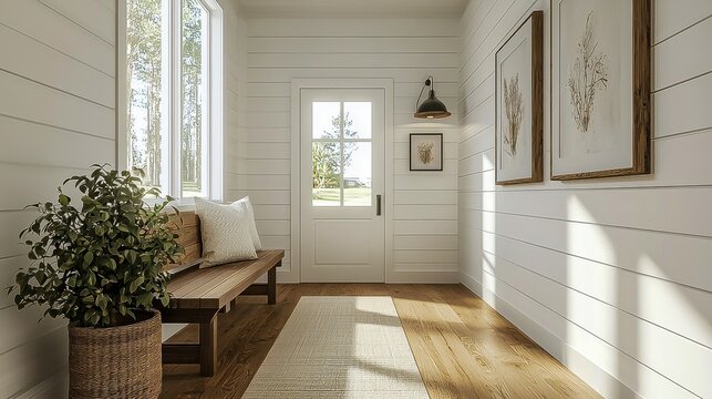 Contemporary Farmhouse Interior: Hallway Entranceway with 3D Background, Featuring Modern Decor, Comfortable Bench Seating - Perfect for Your Farmhouse Home.
