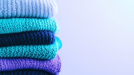 A collection of neatly stacked sweaters in various colors, including soft purple, teal, and blue, against a light backdrop provides a cozy fall vibe