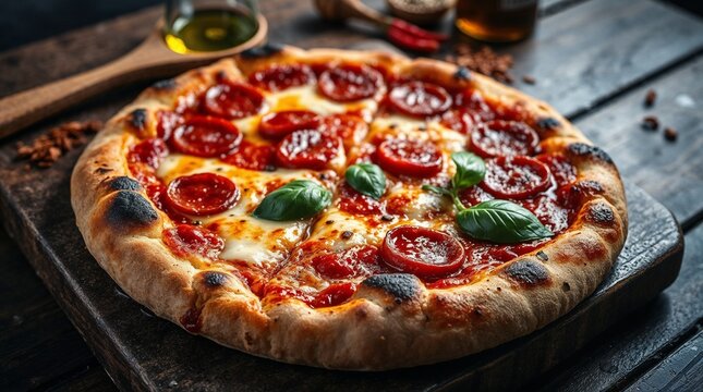 Close-up, wet, rainy scene. Moody style. Rustic Italian wood-fired pizza with golden, crispy, charred crust, melted cheese, vibrant red sauce, pepperoni, and basil.