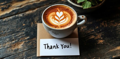 A 3D flat icon featuring a thank you note and a coffee mug, symbolizing workplace gratitude, with plenty of space for text