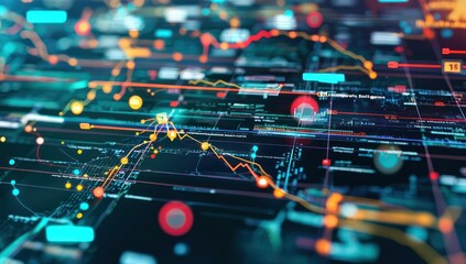 Stock transactions and financial trends highlighted on economic map.