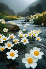 Fototapeta premium Beautiful white flowers with yellow centers blooming along a serene riverbank in a misty landscape