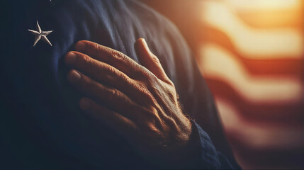 Unwavering Patriotism Shrouded in Despair A Military Man's Burden Amidst the USA Flag. Plegde alliance. Sunlit silhouette of "The Land of the Free Because of the Brave"