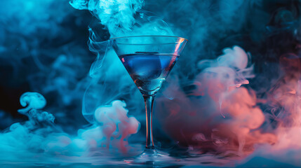blue martini cocktail with lit smoke, glass of champagne, cocktail in a bar