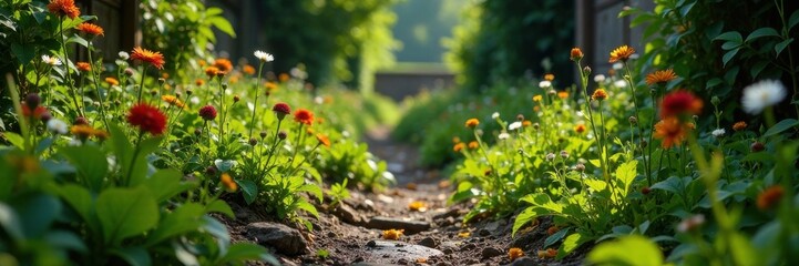 Abandoned garden with wildflowers and weeds growing through cracks , weeds, grunge floral, crumbling