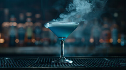 blue martini cocktail with lit smoke, glass of champagne, cocktail in a bar