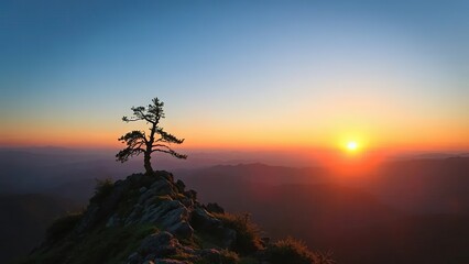 Dawn sun rises over lone tree on mountain peak, verdant, landscape, dawn