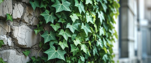 Lush Green Ivy Covering Stone Wall in Urban Environment