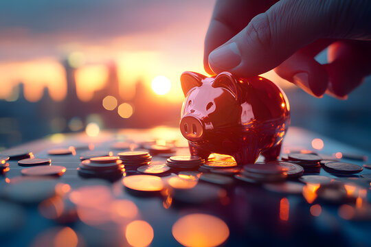 Gl&auml;sernes Sparschwein mit M&uuml;nzen bei Sonnenuntergang &ndash; Symbol f&uuml;r Finanzen und Sparen  
