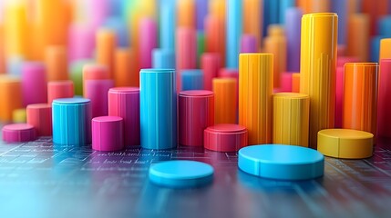 Professional infographic with financial analysis, bar graphs, and circular pie charts in bright colors, white background, 3D rendering