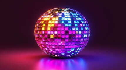 A curved neon grid in radiant hues of purple and turquoise wrapping into a spherical shape.