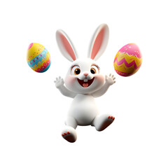 Cheerful 3d cartoon easter bunny jumping with decorated eggs isolated on a transparent background
