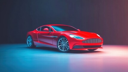Fototapeta premium A sleek red sports car is showcased under vibrant lights in a minimalist setting during a nighttime automotive exhibition, highlighting its design