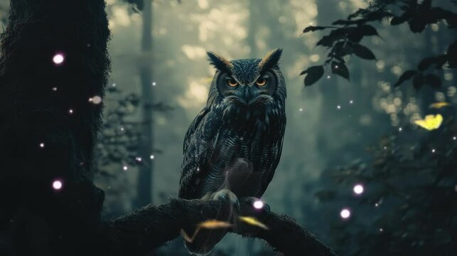 an owl perched on a tree surrounded by very beautiful butterflies. seamless looping time-lapse virtual 4k video Animation Background.	