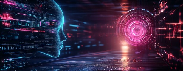 Digital Transformation Futuristic digital landscape with abstract human silhouette.