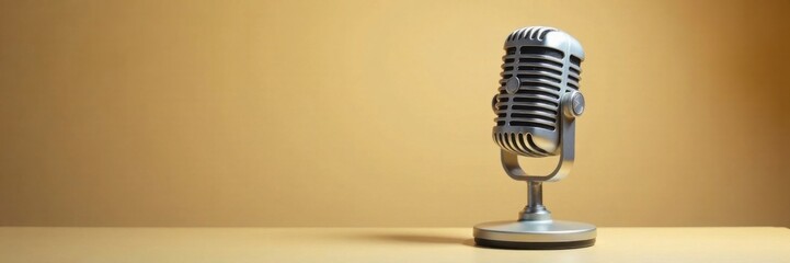 Old microphone on beige desk, music, equipment, microphones