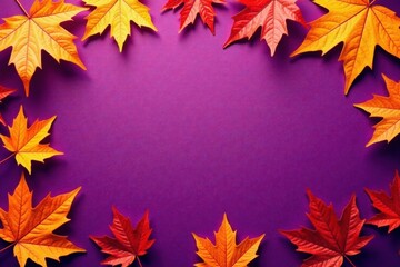Autumn leaves scattered on violet background with intricate dry orange metallic leaf patterns, autumn leaves, nature
