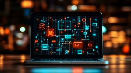 Holographic Workspace Idea: Boost Remote Work through Communication and Data Sharing Icons - Stock Photo with Space for Customization