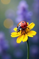 Fototapeta premium Beautiful ladybug sitting on a bright yellow flower, sunshine, yellow, garden
