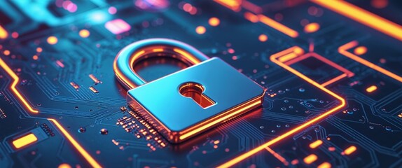 Glowing Circuit Board With Security Lock Symbol.