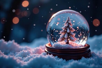 Glittering snow globe scene with flake swirls, rotate, moving, dynamic