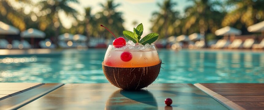 Cold drink featuring a tropical punch served in a coconut shell at a poolside bar