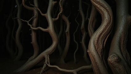Fototapeta premium Dark forest landscape with twisted tree trunks and horn-like protrusions, eerie atmosphere, woods, wood texture, twisted