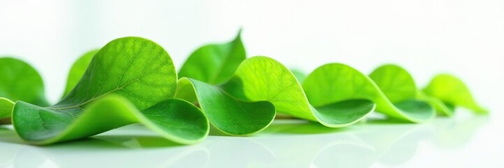 Fototapeta premium Delicate green leaves unfolding on a white surface, leaf, plant, foliage