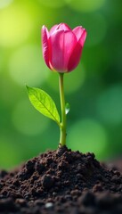 Blooming plant with roots growing out of a green earth , earthy, nature, natural