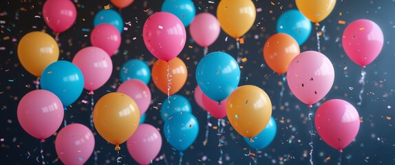 Colorful Balloons and Confetti on Dark Background
