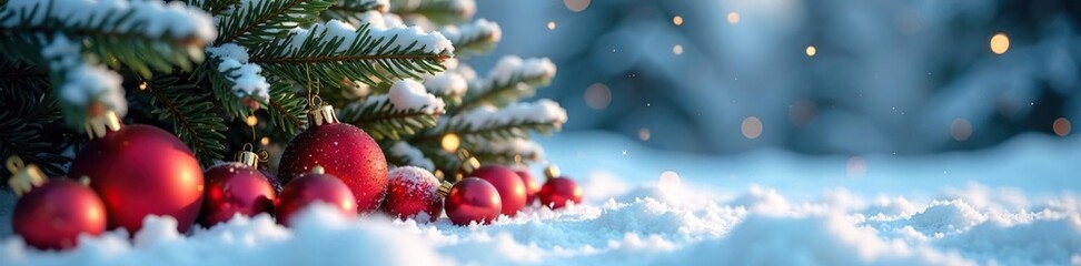 Obraz premium Sparkling Christmas ornaments are scattered around a frosty tree branch, Ball Scattered, Snowy Landscape