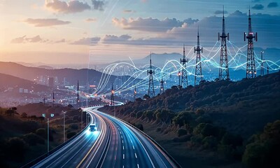 Scenic Mountain Highway at Sunset with Communication Towers and Futuristic Digital Network Overlay in Blue and Orange Hues - Powered by Adobe