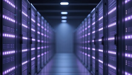 Obraz premium Data center servers illuminate a modern facility at night.