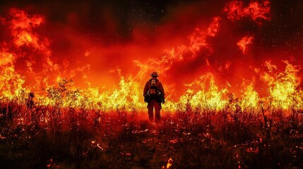 Fototapeta premium Wildfires Pose Ecological Disaster & Human Danger: Fierce Blaze Causes Devastating Damage & Destruction Amidst Dark Skies, Threatening Attack on Local Ecosystems & Lives.