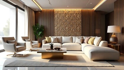 Fototapeta premium Modern living room interior design with stylish furniture and decor elements