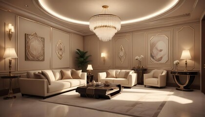 A luxuriously furnished living room with elegant decor and lighting