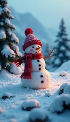 Obraz premium Glittering snowman in a miniature winter landscape, hill, winter, foggy