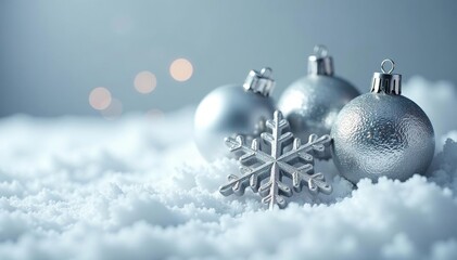 Glittering silver snowflake ornaments resting on a snowy white surface, winter, metallic, ornaments